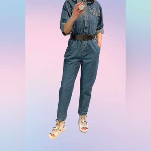 Vintage Blue Denim Jumpsuit with Studded Details - Picture 1 of 11